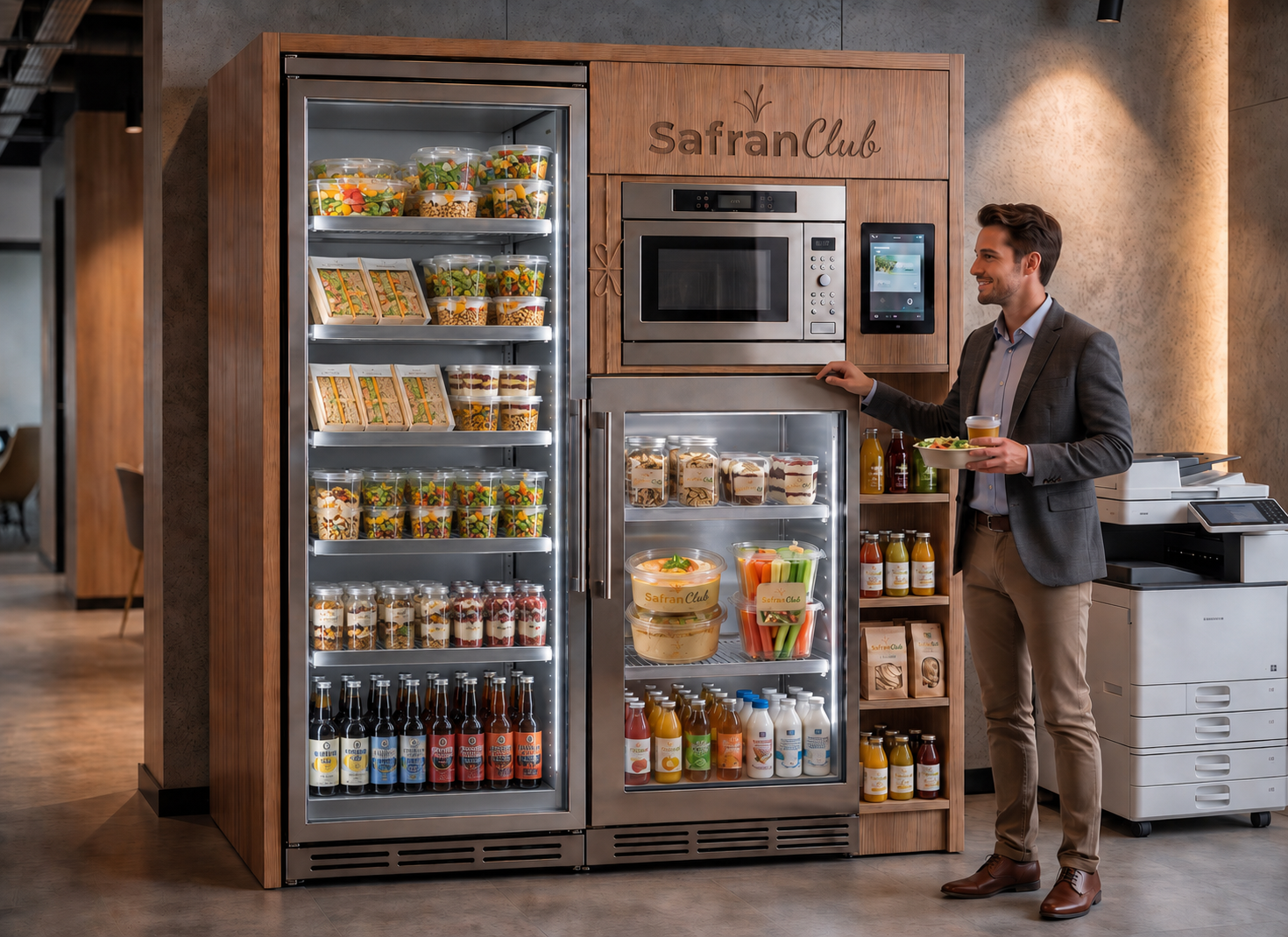 A Safran Club smart fridge in a Riyadh office, stocked with salads, bowls, sandwiches and drinks, while an employee picks up a freshly prepared lunch.