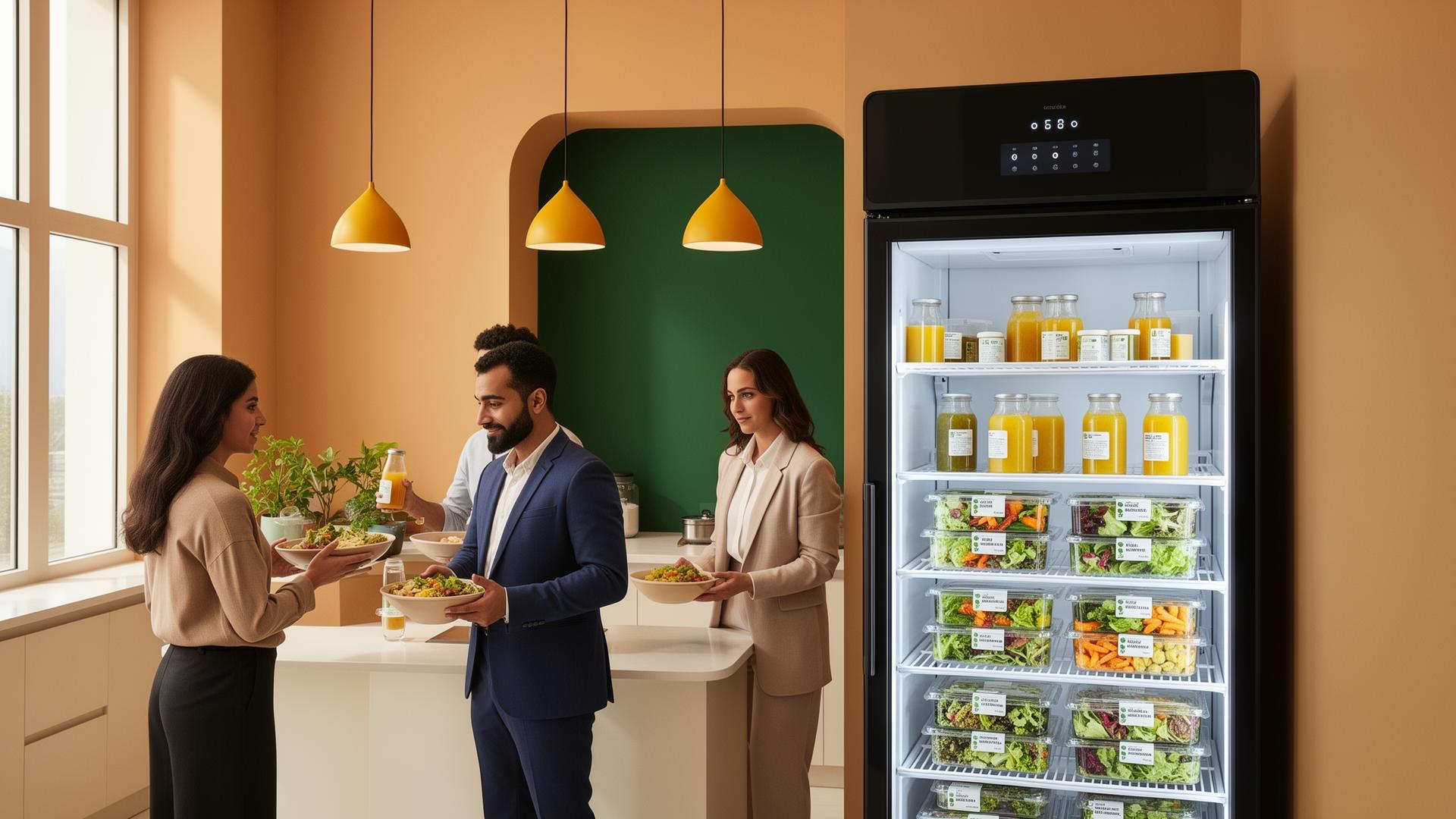 Modern Riyadh office pantry with Safran Club smart fridge